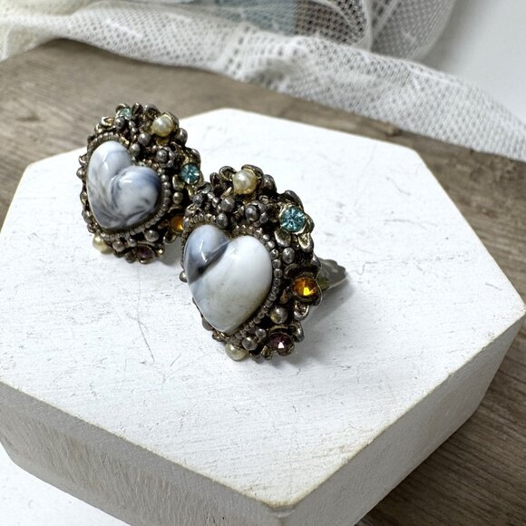 Vintage Heart Clip-On Earrings With Marbled Center & Rhinestone Accents Silverto - Picture 2 of 6